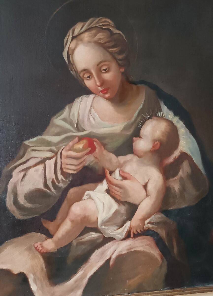 Peinture à l'huile ancienne sur toile, Vierge à l'Enfant, XVIIIe siècle