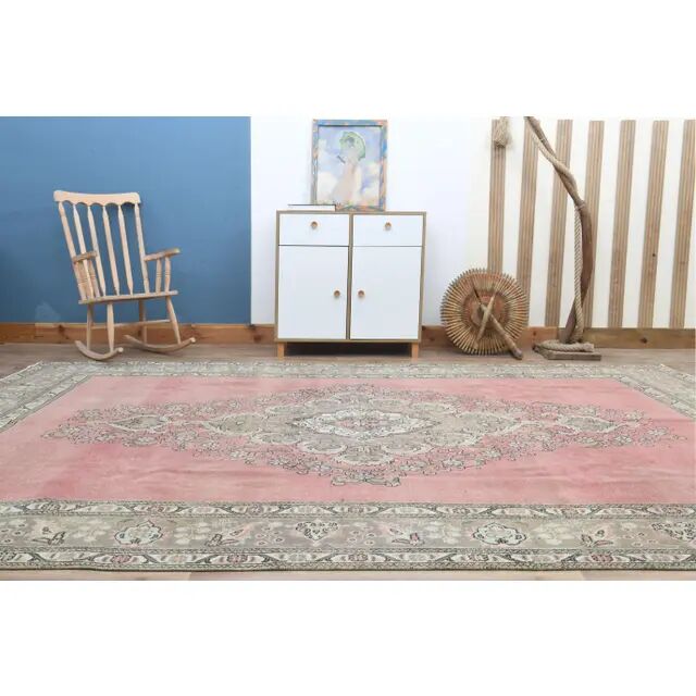 1970s Vintage Persian Handmade Wool Cotton Pink Area Rug 290x393