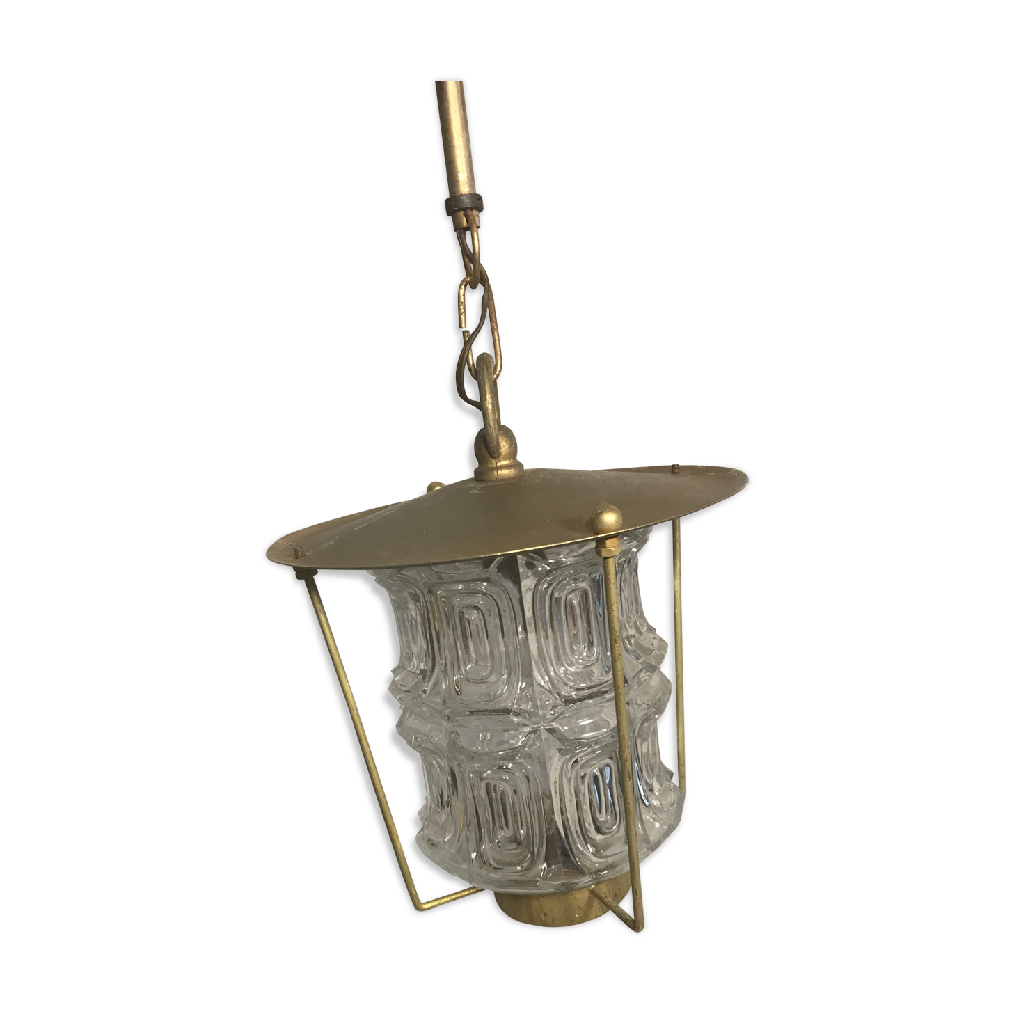 Old Lantern Golden Metal hanging Glass Molded Vintage 70years