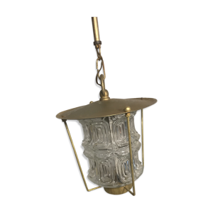 suspension ancienne lanterne métal doré verre moulé années 70 vintage