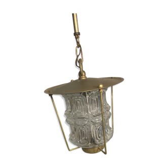 Suspension ancienne lanterne métal doré verre moulé années 70 vintage