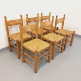 Suite of 6 vintage brutalist chairs in solid oak wood and straw from the 60s