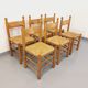Suite of 6 vintage brutalist chairs in solid oak wood and straw from the 60s