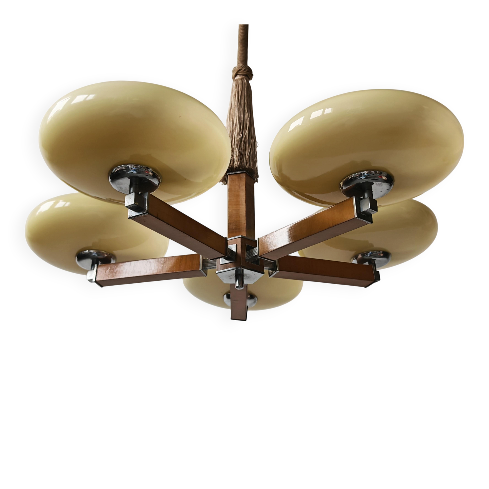 Art Deco Chandelier with 5 Arms and Round Shades from the 1930s