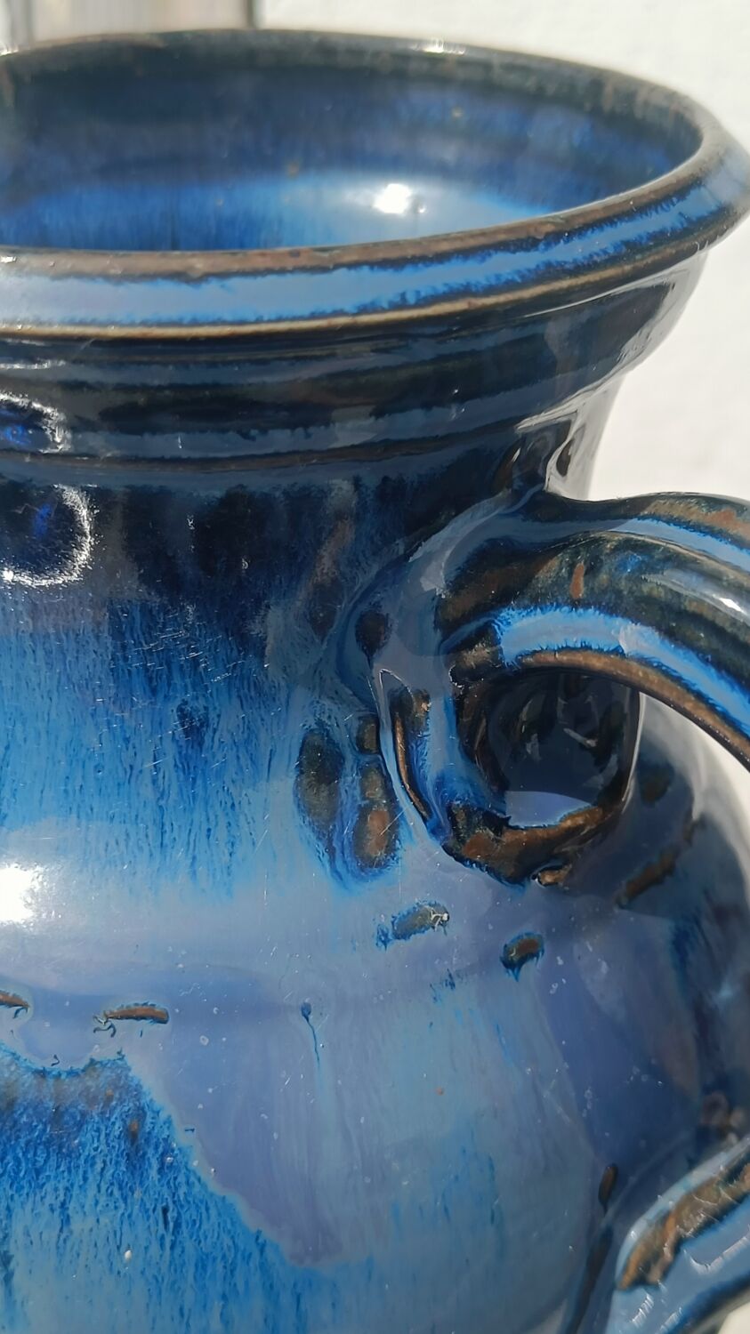 Vase, blue glazed ceramic jug – vintage handmade pottery