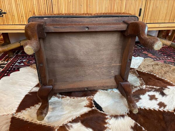 Pouf bois et peau de chèvre vintage