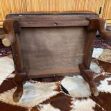Vintage wooden and goatskin pouf