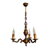 French vintage mid century cast bronze 3 light chandelier wooden drips 4324