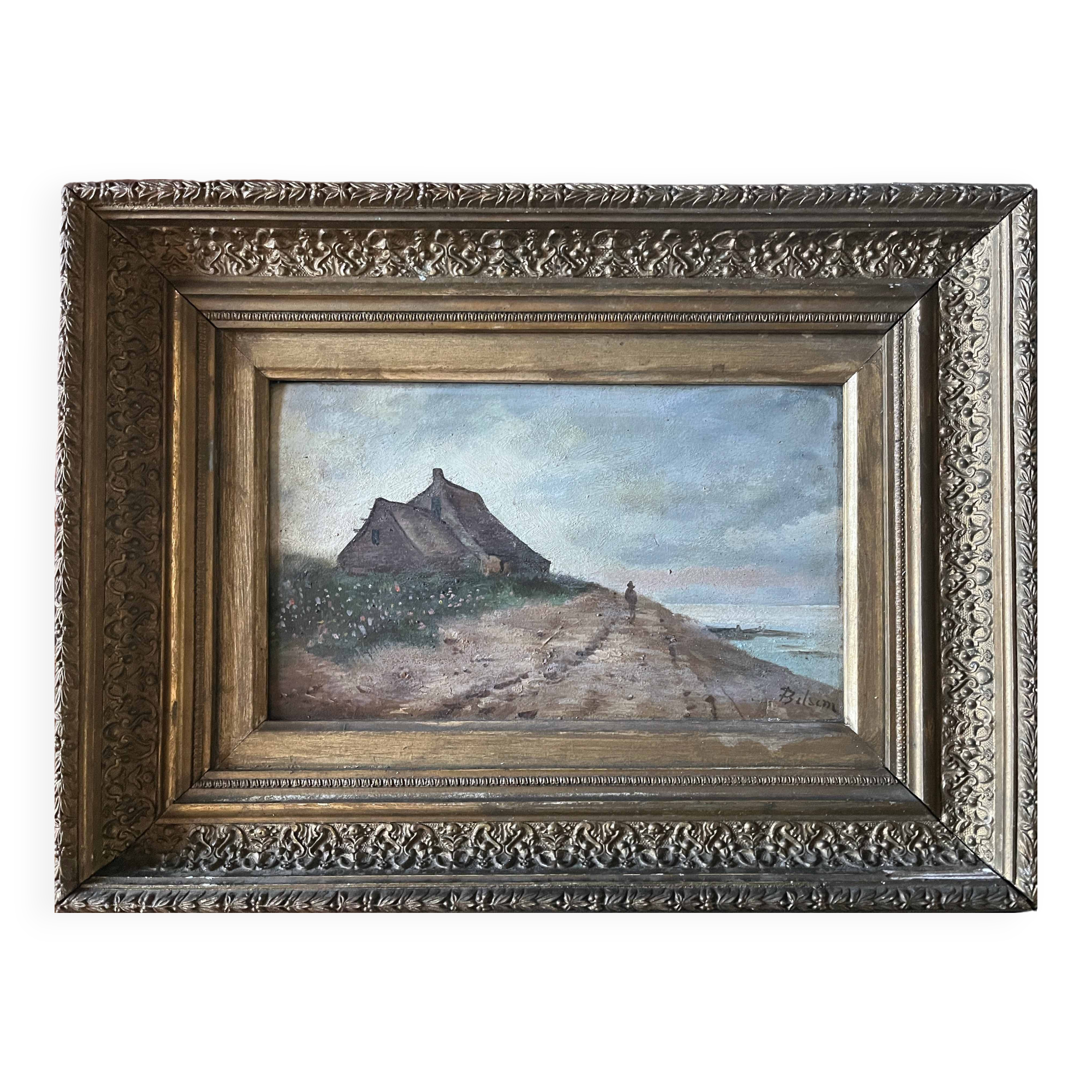 HST painting "Bord de mar" Animated seascape with thatched cottage signed Bilson XIX° + frame