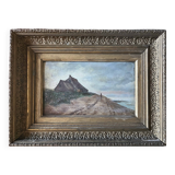 HST painting "Bord de mar" Animated seascape with thatched cottage signed Bilson XIX° + frame