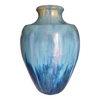Imposing Ceramic in blue Flamé stoneware, Pierrefonds diameter 1915-1925