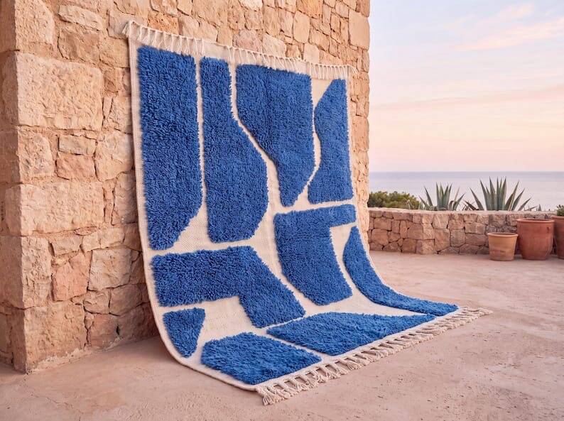 Authentic traditional white and blue Berber rug 2/3 m