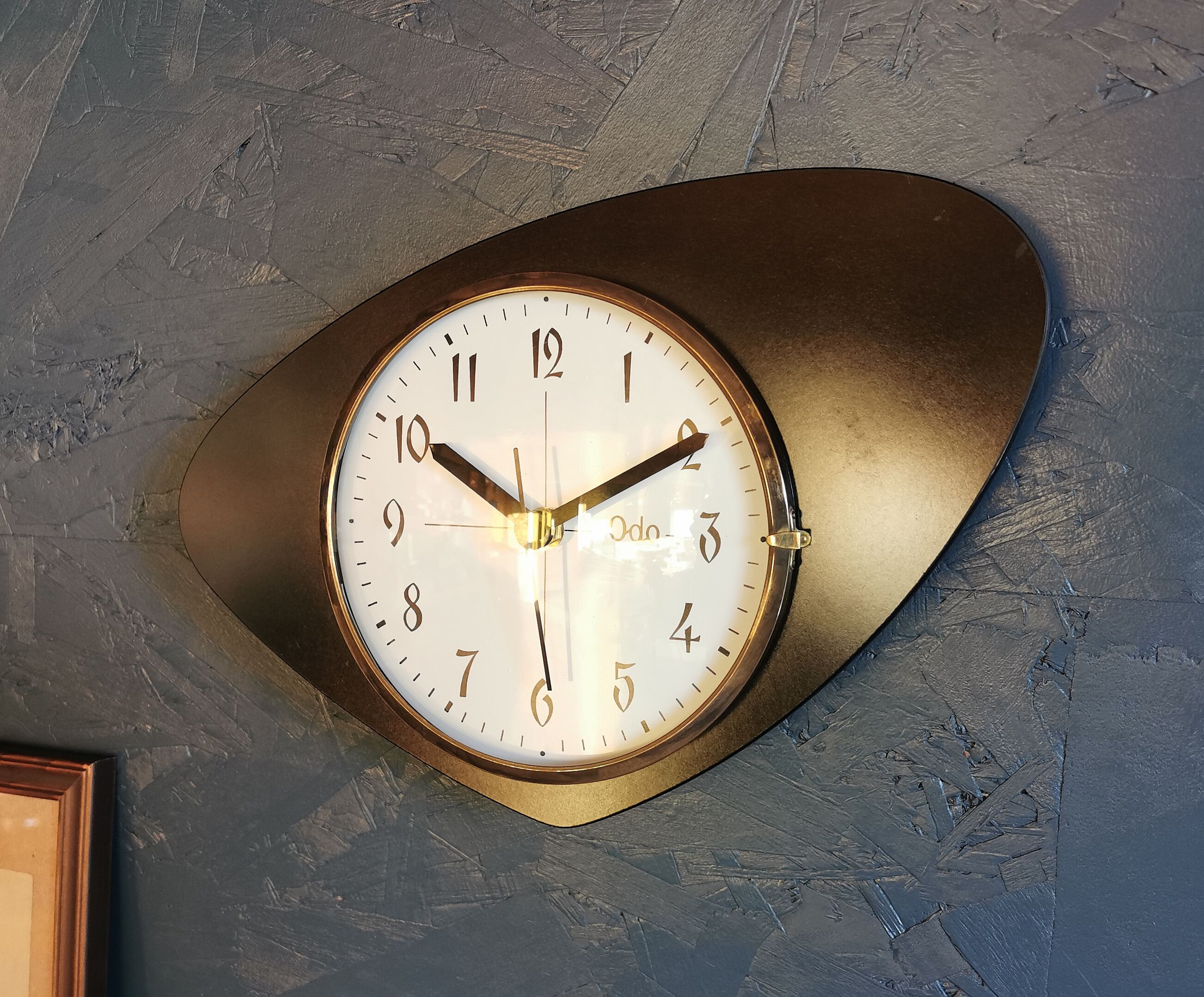 Vintage formica clock asymmetrical silent wall clock "black odo"