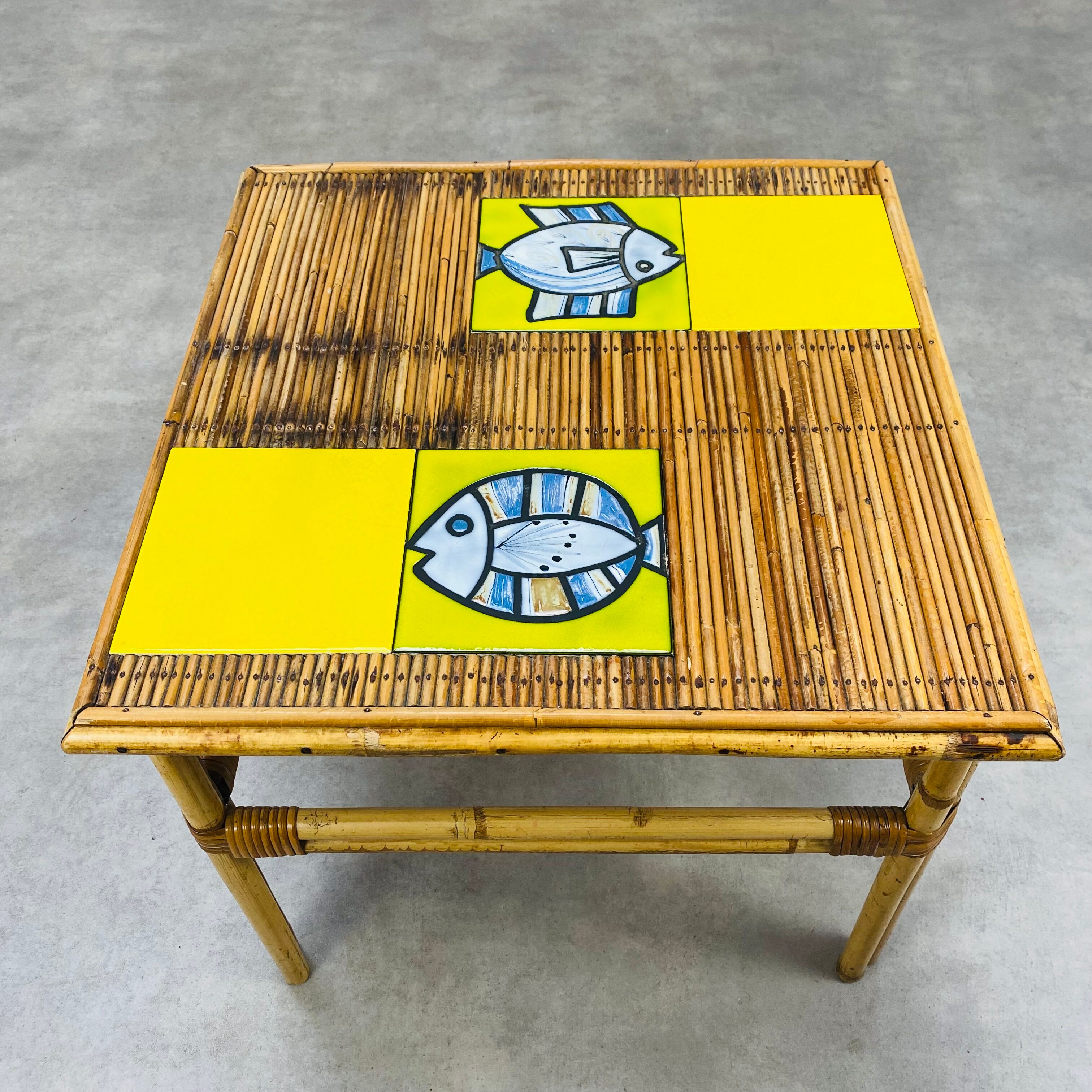 Roger Capron coffee table in ceramic and rattan, fish model