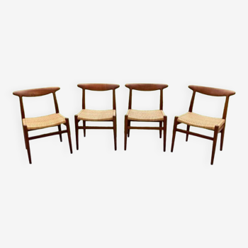 Set of 4 W2 Hans J. Wegner teak and rattan chairs