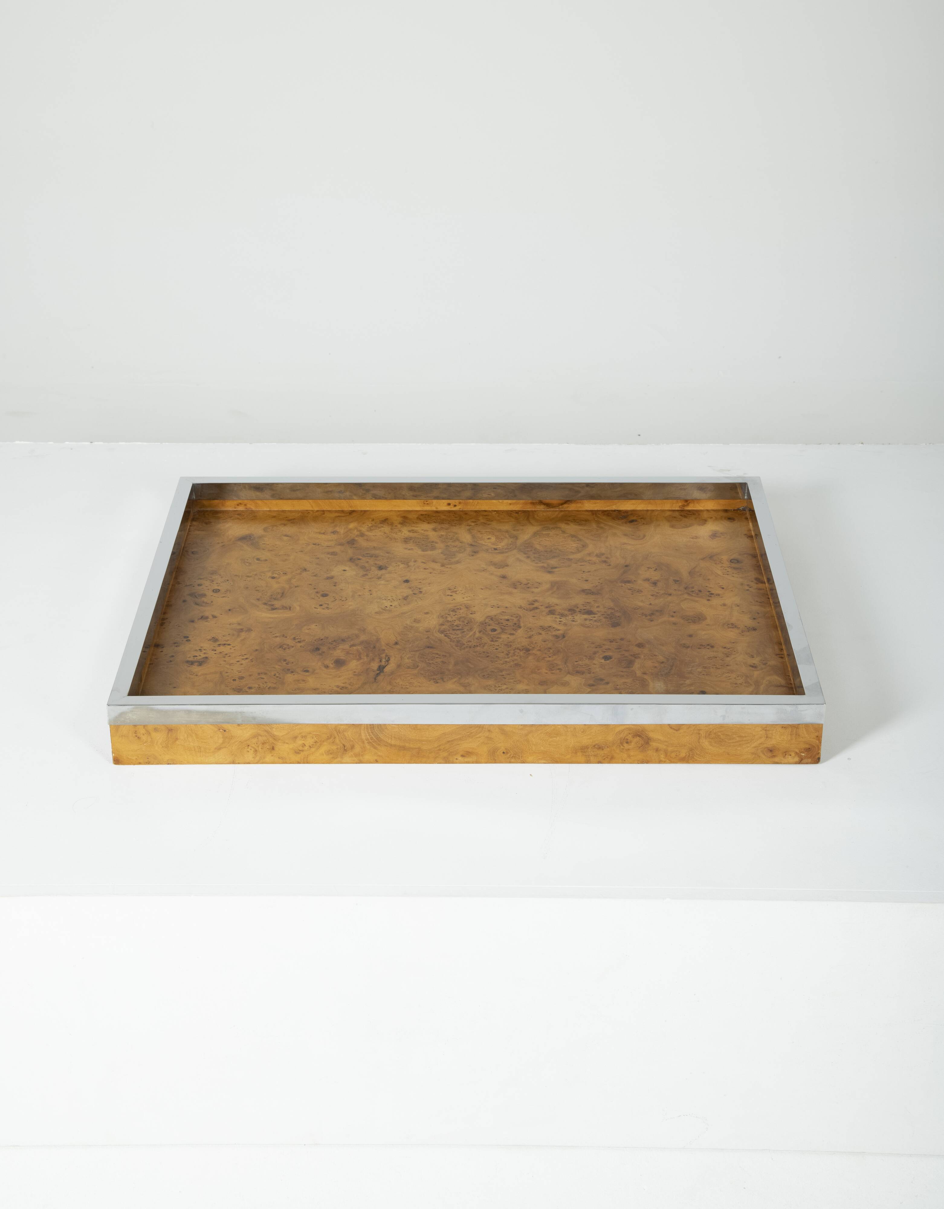 Elm and chrome magnifying glass tray, 1970s