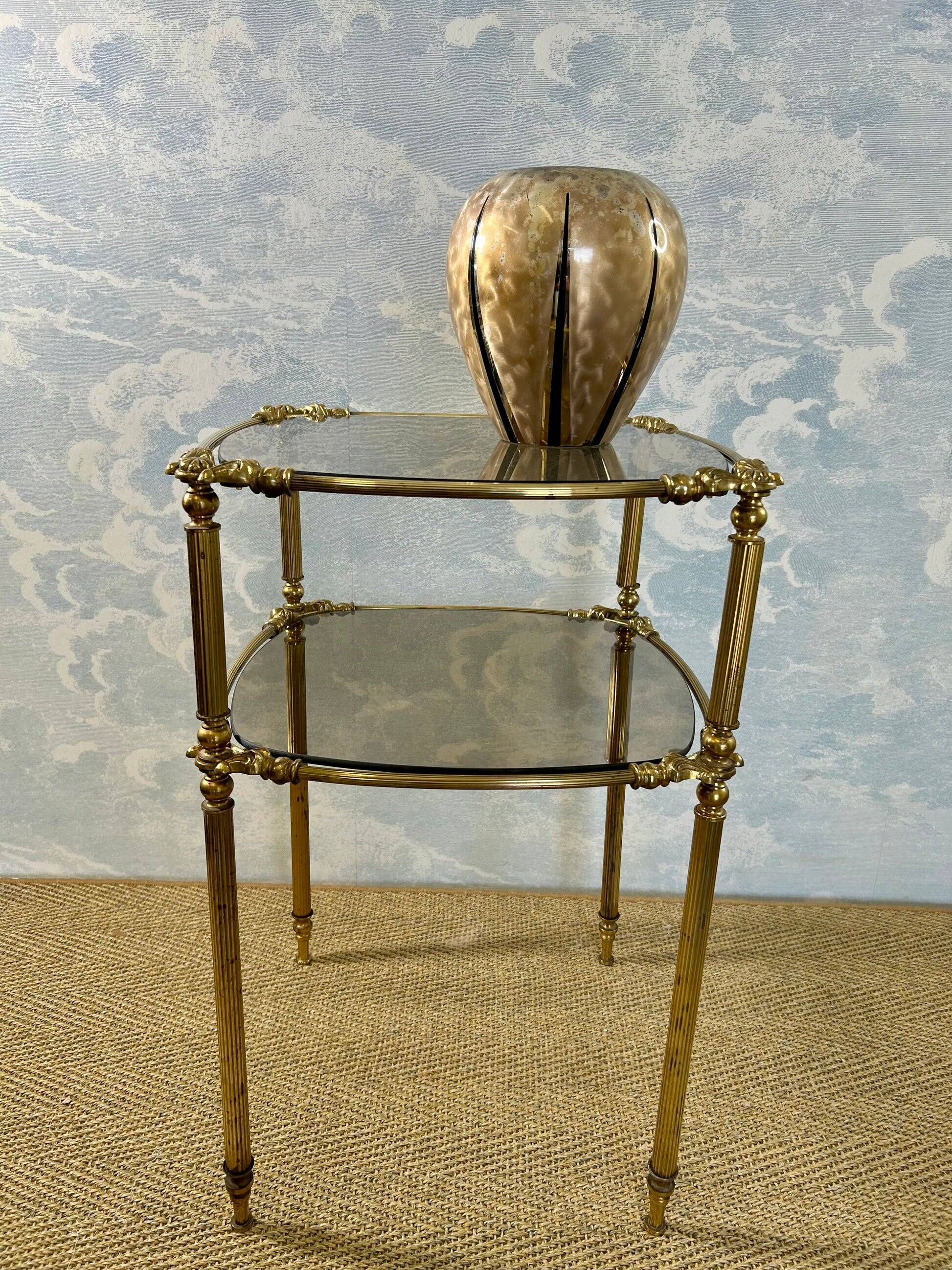 Two-tier side table with smoked glass top, Hollywood Regency