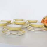 Set of 7 cups and under cups in ceramic Moulin des Loups, yellow, French manufacture,