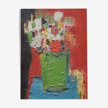 Peinture de Nagao Usui : "Bouquet de fleurs au vase vert"