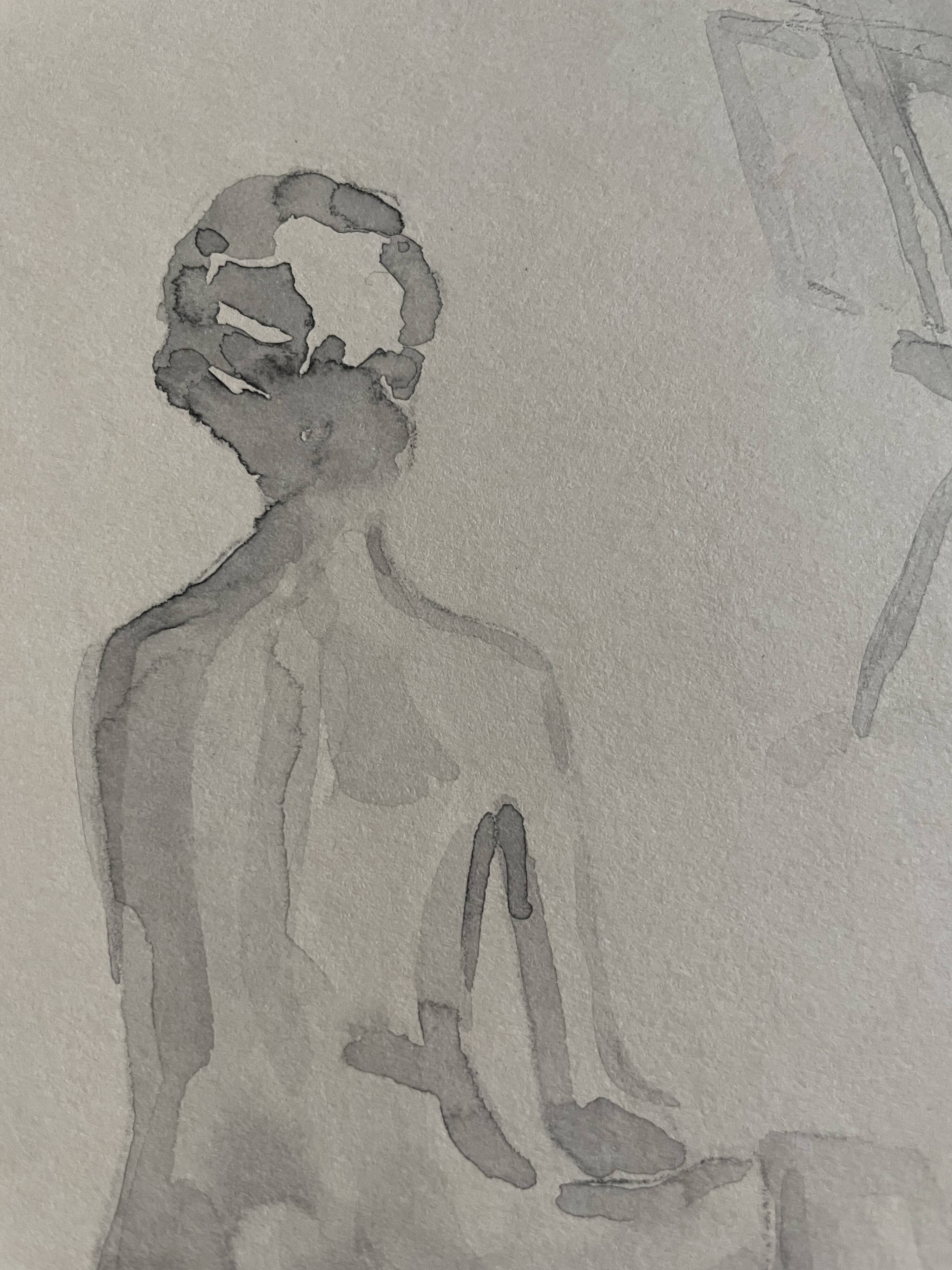 Painting signed monochrome sepia watercolor “female model in the workshop”