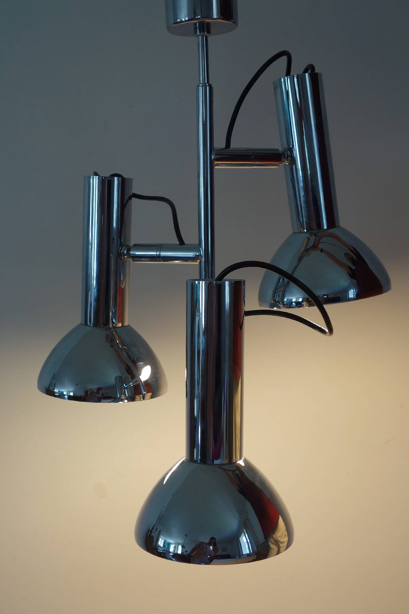 Chrome metal 3-spot chandelier from the 1970s.