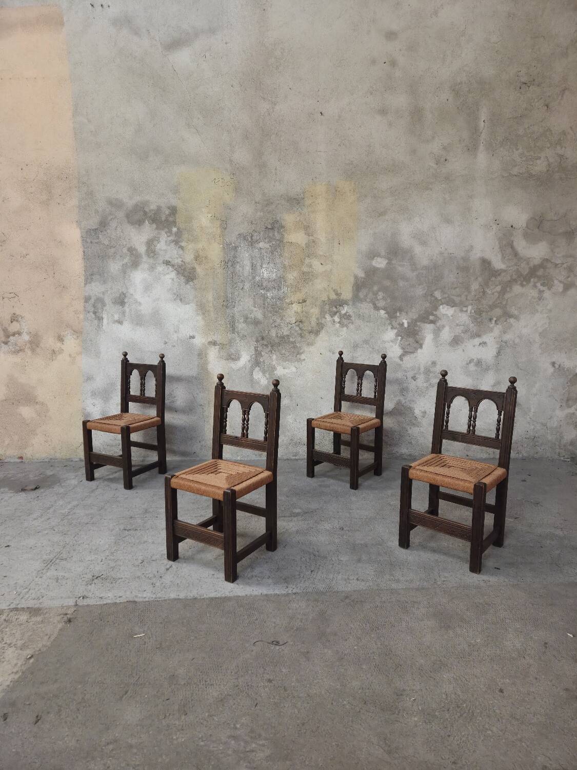 4 wooden and corded Basque chairs
