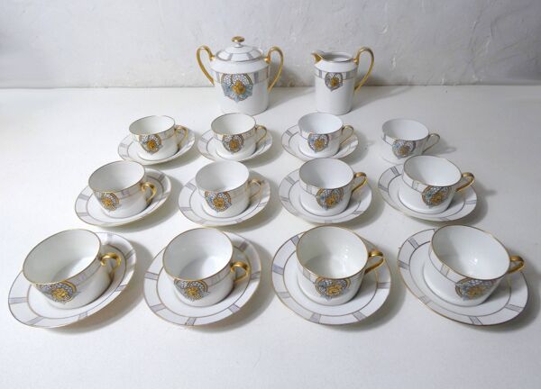 Service café thé Limoges Ribes porcelaine or argent nacre irisé Art Déco