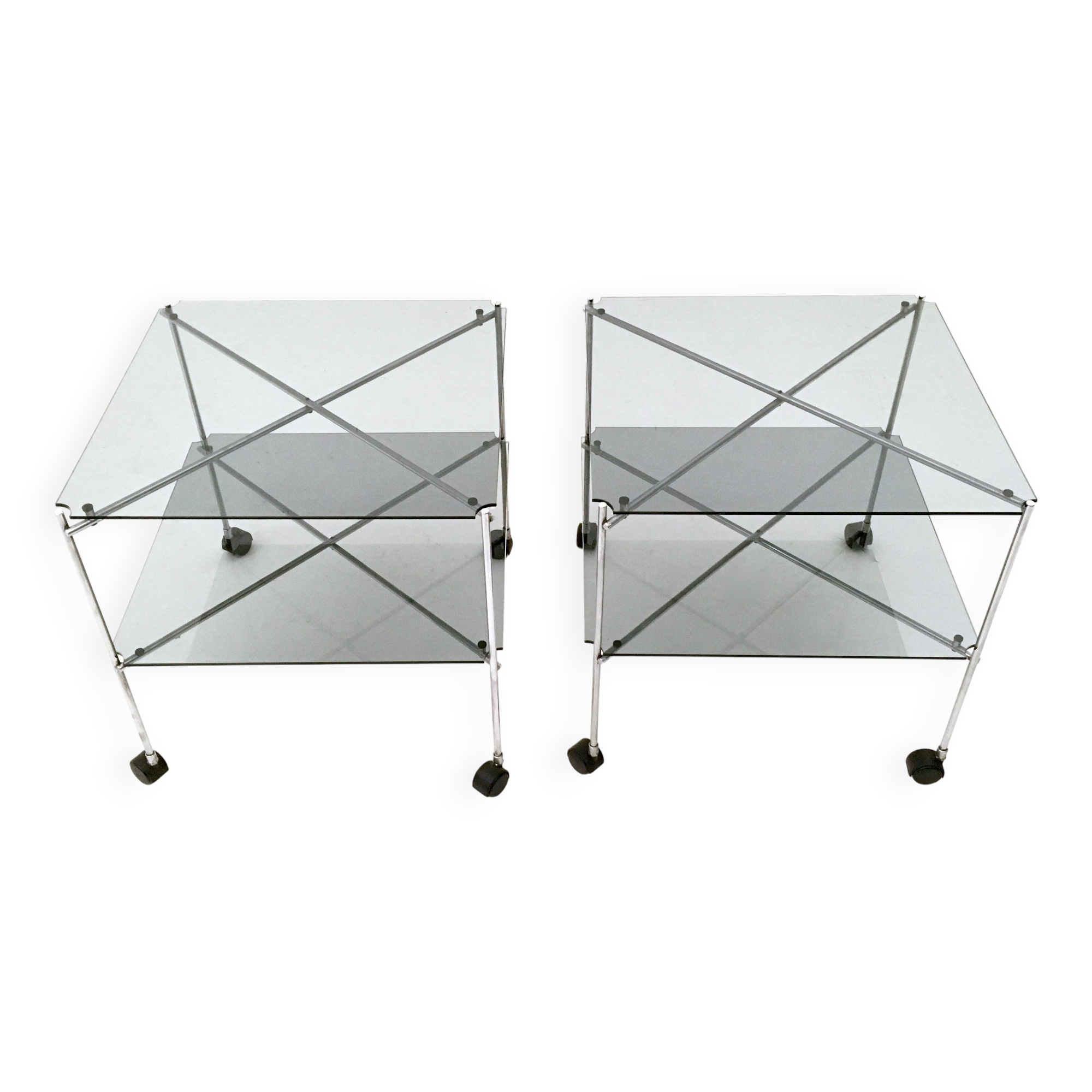 Pair of Postmodern Glass Carts Mod. Biplano by Bruno Munari for Robots, Italy
