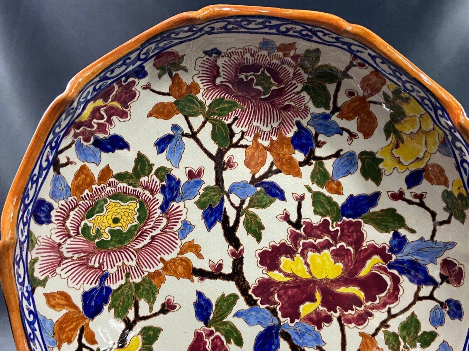 Deep dish, centerpiece, melonnière bowl in Gien earthenware, Peonies decor