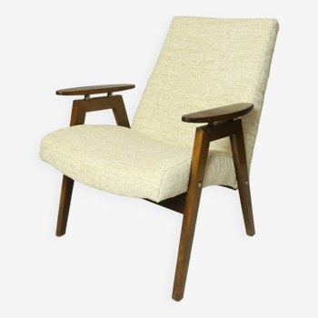 Fauteuil vintage design de jaroslav smidek pour ton, années 1960 tissus beige blanc granola salon fauteuil chaise longue style boho scandinave