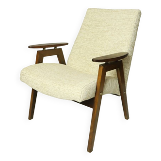 Fauteuil vintage design de jaroslav smidek pour ton, années 1960 tissus beige blanc granola salon fauteuil chaise longue style boho scandinave