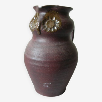 Ancien pichet broc chouette hibou en terre cuite poterie signée déco ferme rétro