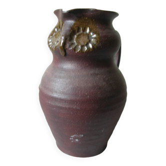 Antique pitcher jug owl terracotta pottery signed retro farmhouse decor