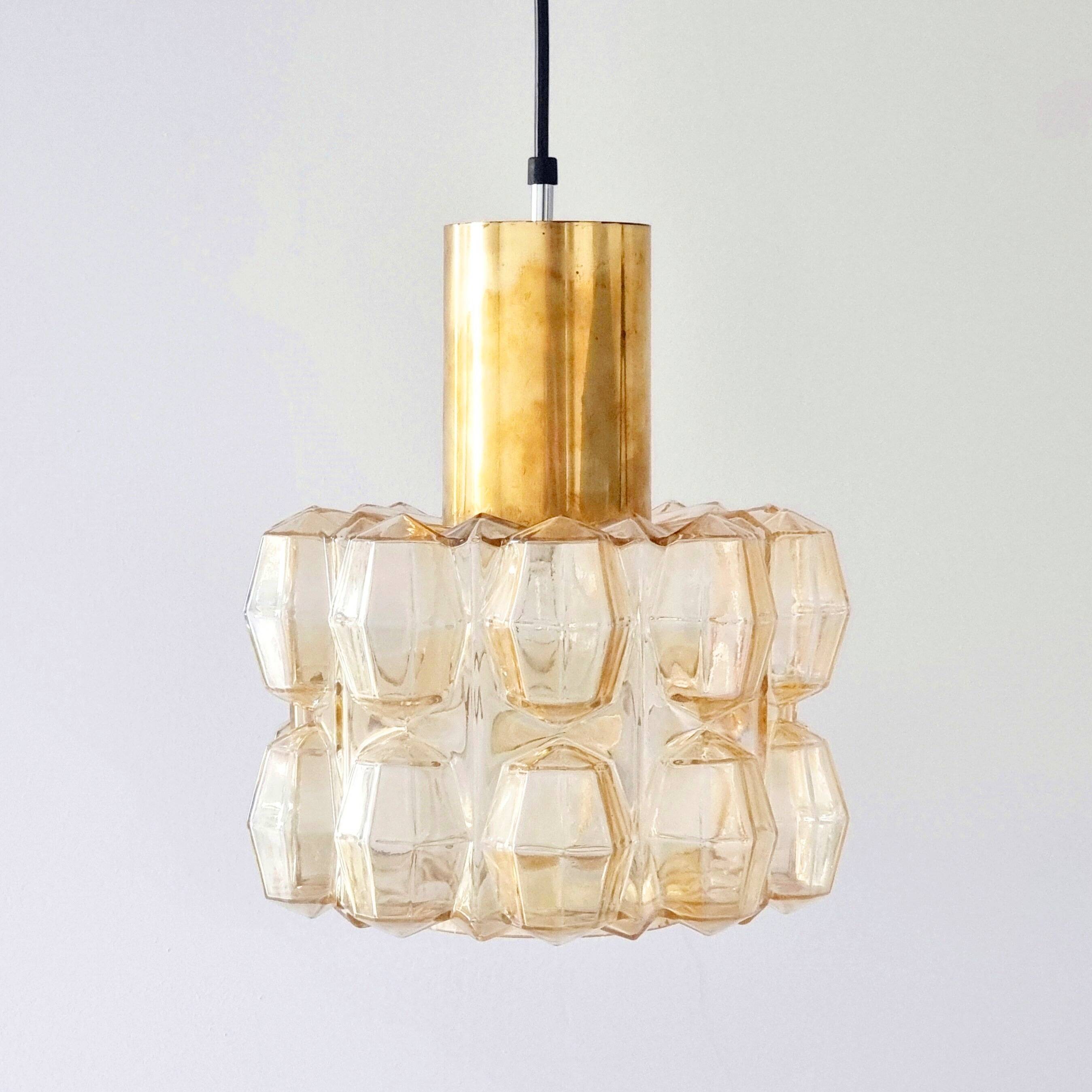 Large Amber Diamond Glass Ceiling Light/Pendant by Helena Tynell for Limburg, Germany, 1960s