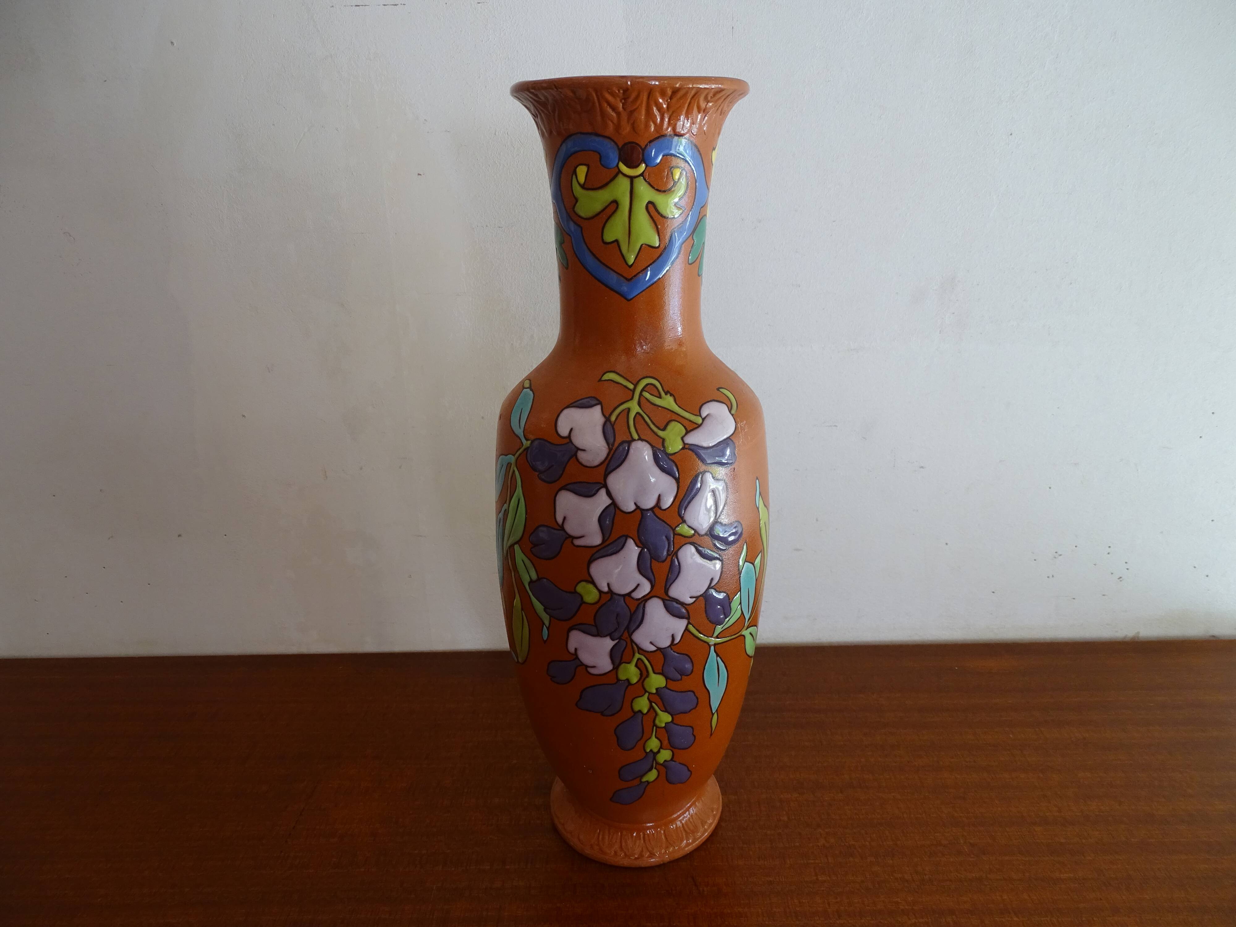 Old Lonchamp iron earth vase polychrome enamels floral decoration - Signed - 36 cm