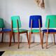 Series of velvet Scandinavian chairs - green and blue.