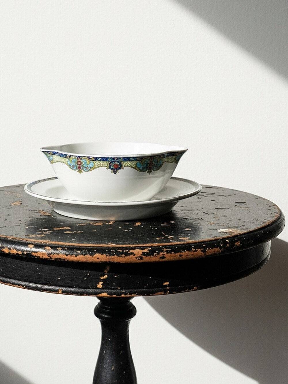 Old Lunéville sauce boat, opaque porcelain with polychrome decoration.