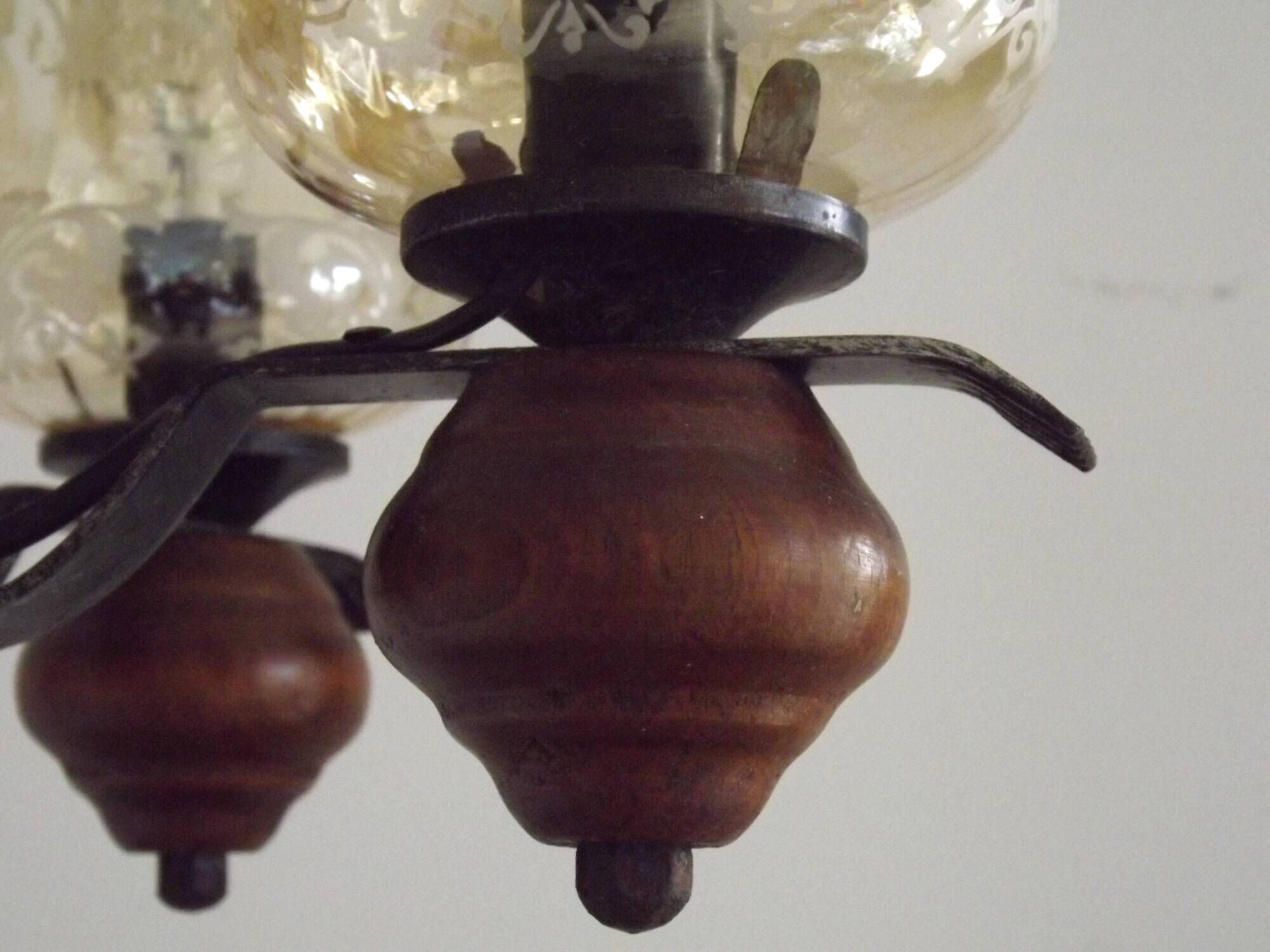 French 5 Light Mid Century Chandelier Wood Metal & Patterned Glass Shades