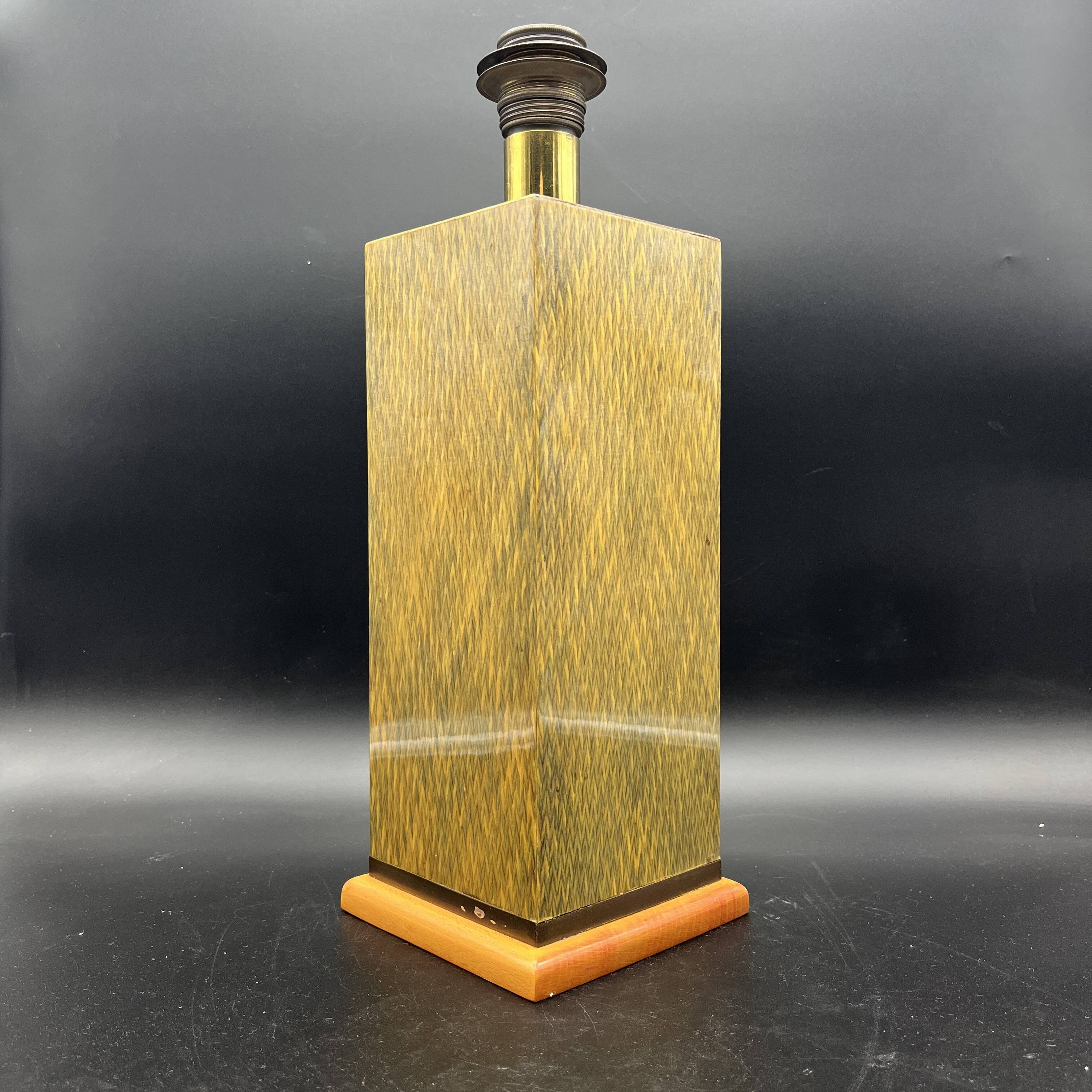 Lamp base in varnished marquetry and gilded brass Jean Claude Mahey