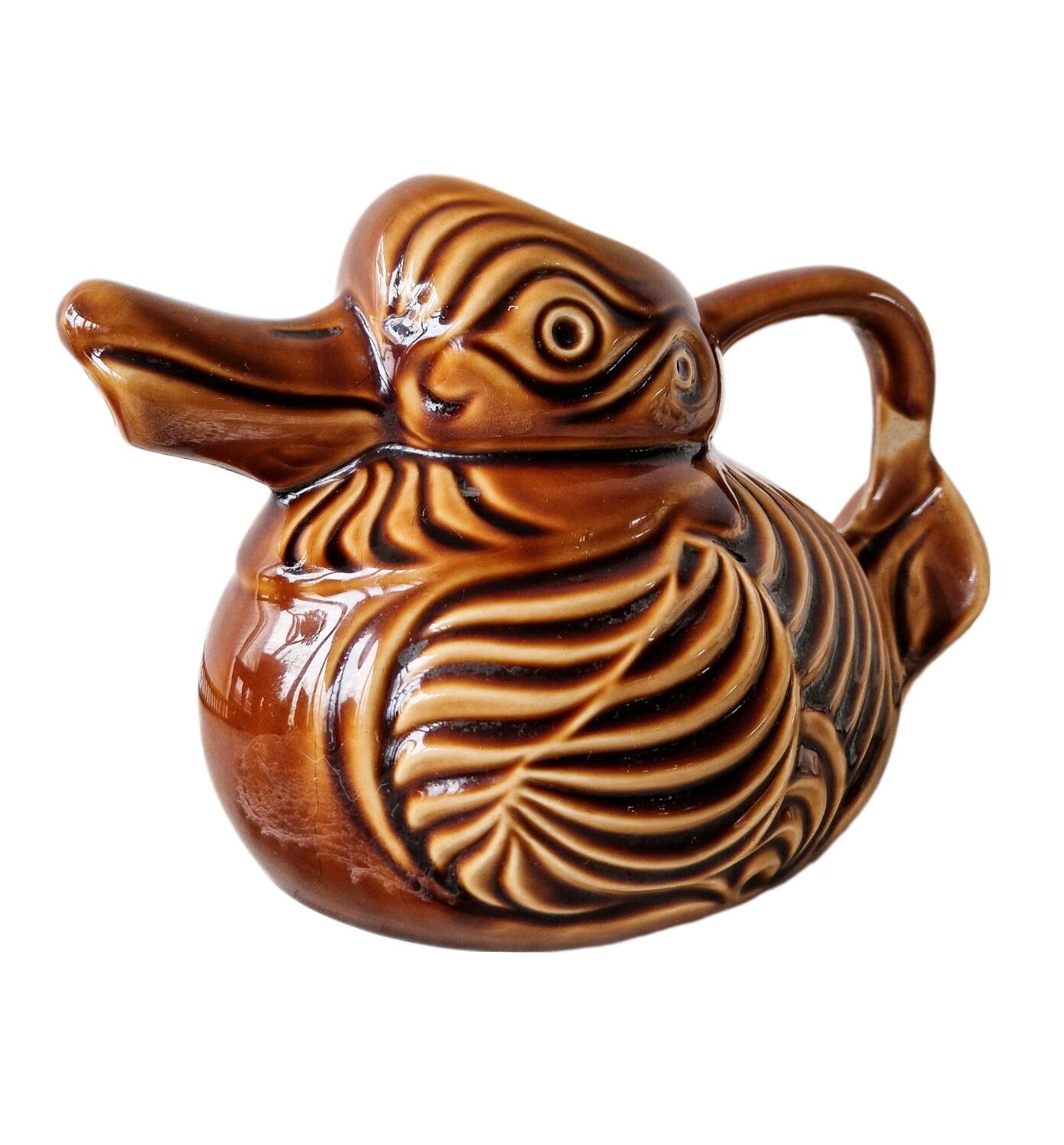 Brown duck slip pitcher from Sarreguemines, France, 1970s