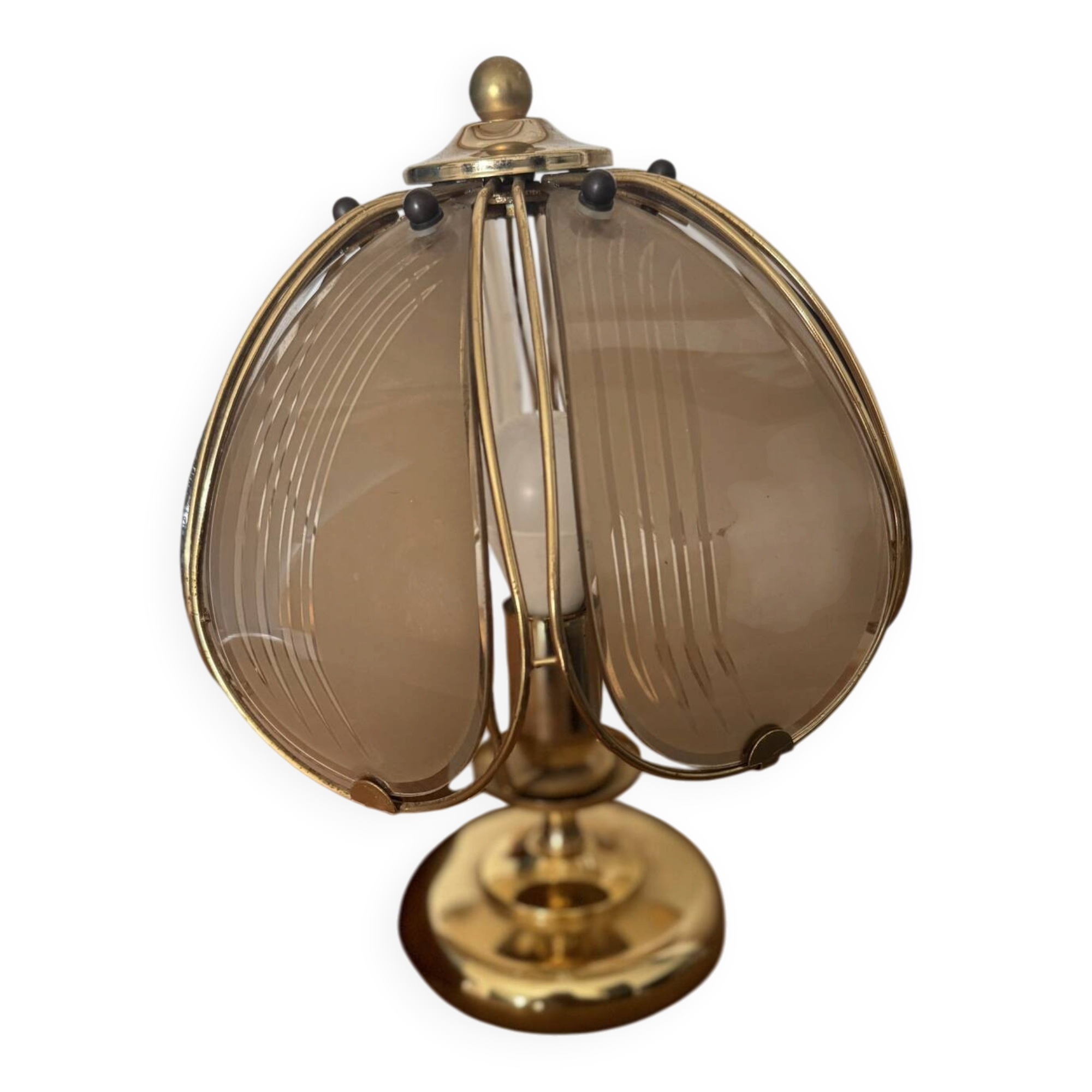 Vintage Hollywood Regency brass and smoked glass lotus table lamp – 19