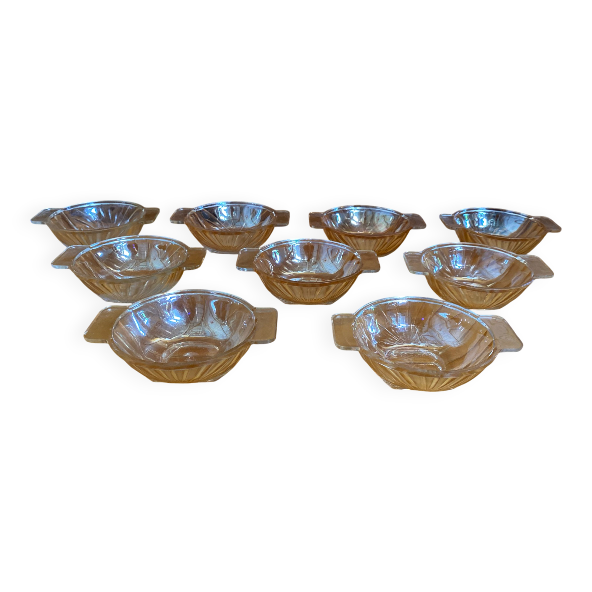 Series 9 Antique Bowls Moulded Glass Amber Iridescent Vintage #E077