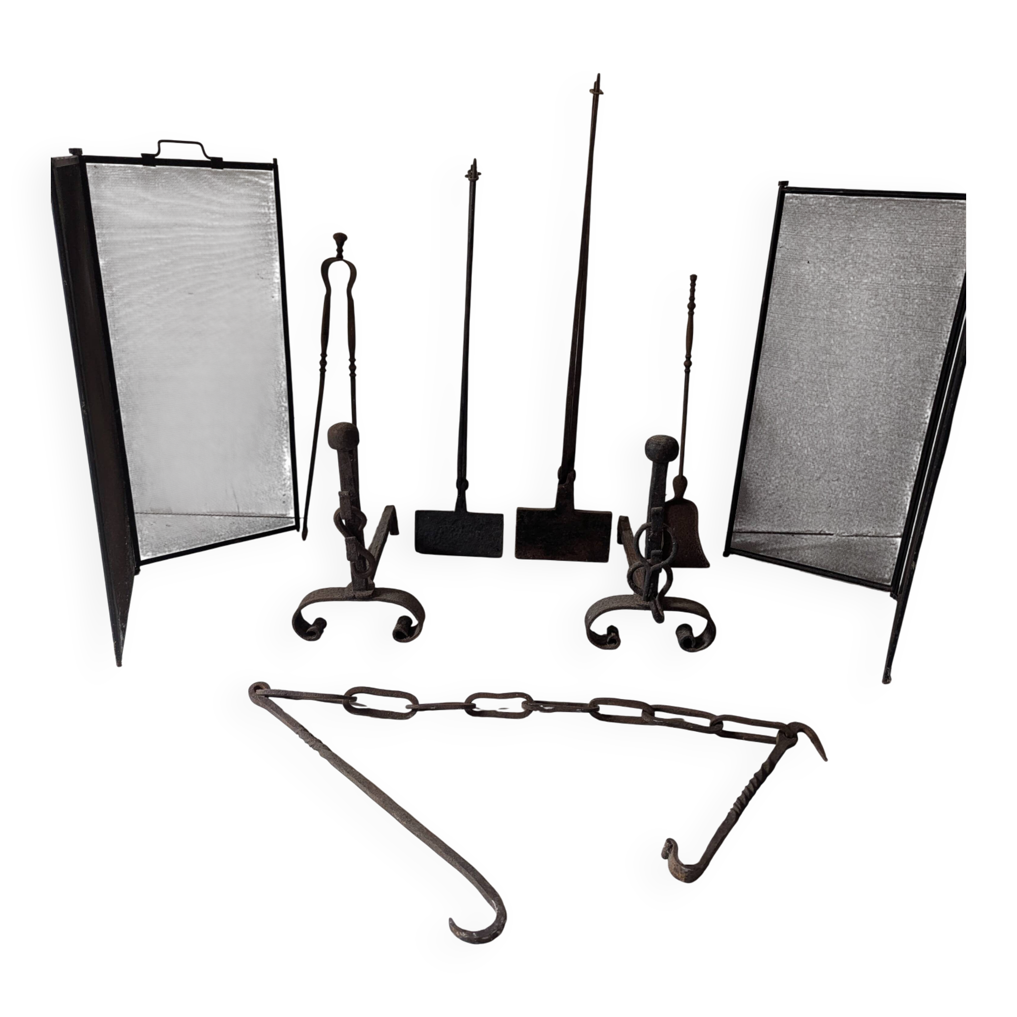 Set of antique fireplace accessories + 2 wrought iron waffle makers