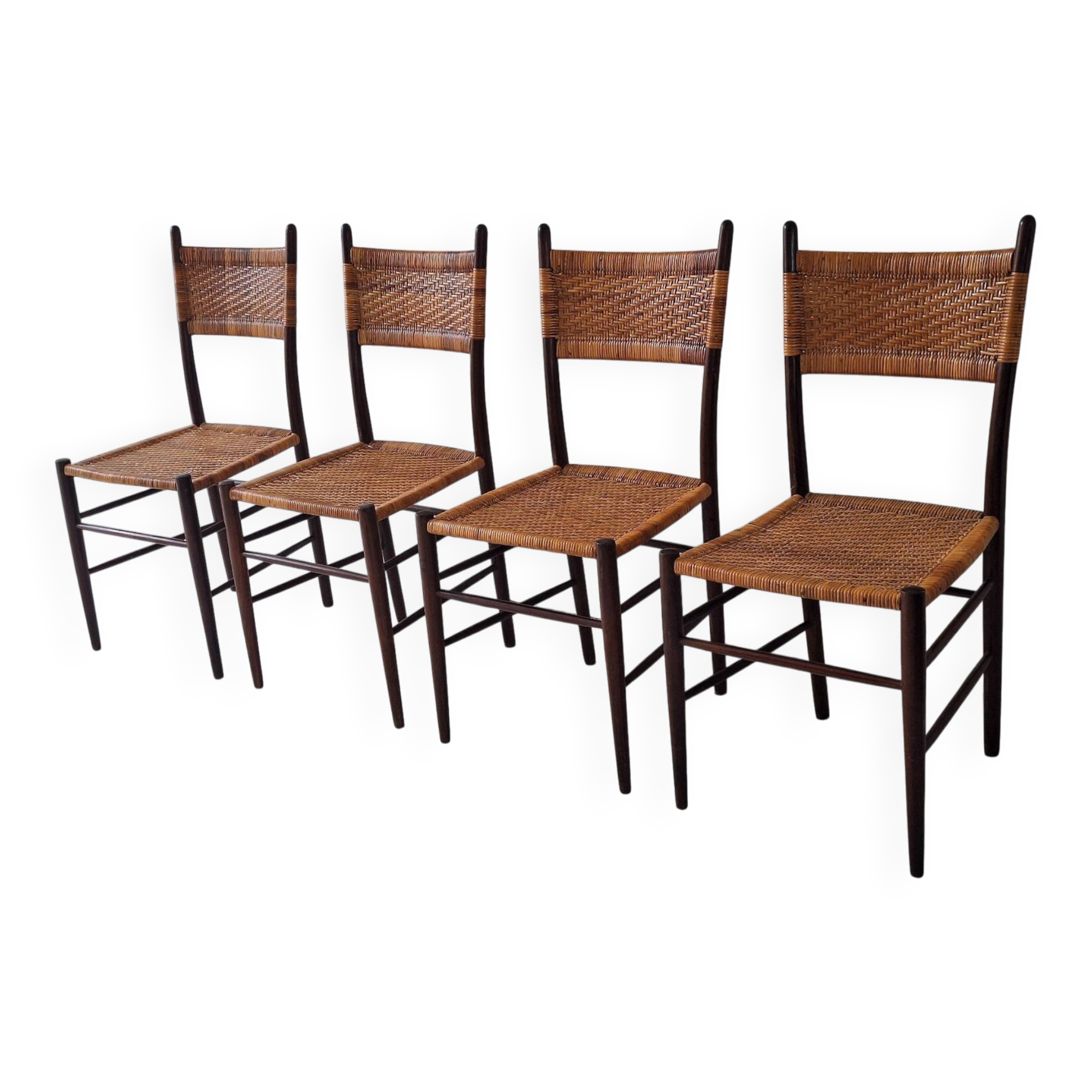 Four teak dining chairs with patinated cane after Gio Ponti, Italy 1960s
