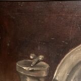 Oil painting on canvas signed J. Fleury-Bin Still Life with pewter and onions