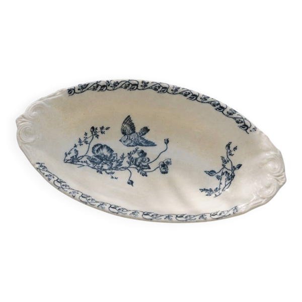 Plat terre de fer à l'oiseau du XIXe siècle signé Onnaing ''Coquelicots