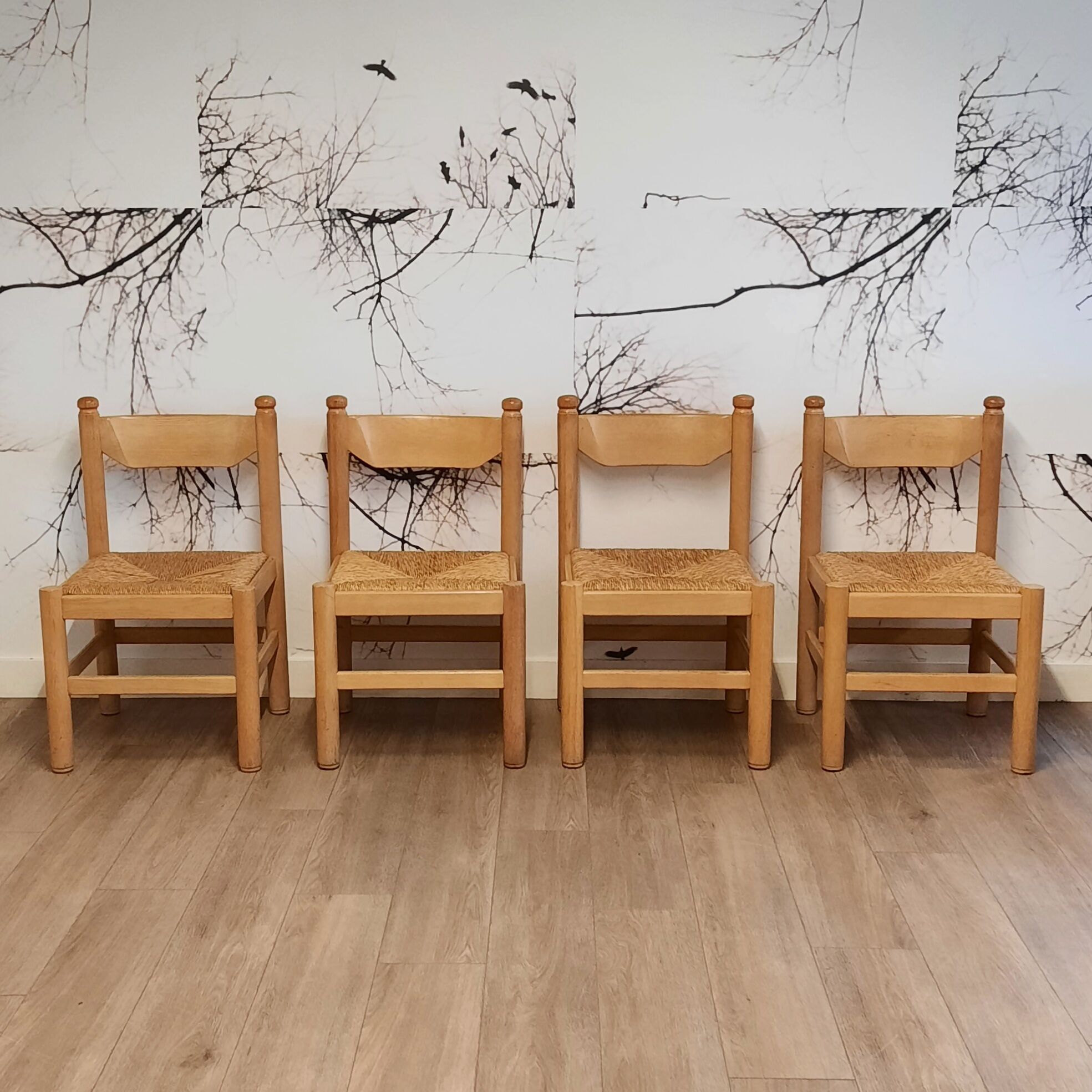 Set of 4 wood and rush chairs, 1970s