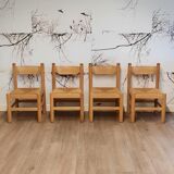 Ensemble de 4 chaises en bois et jonc, années 1970
