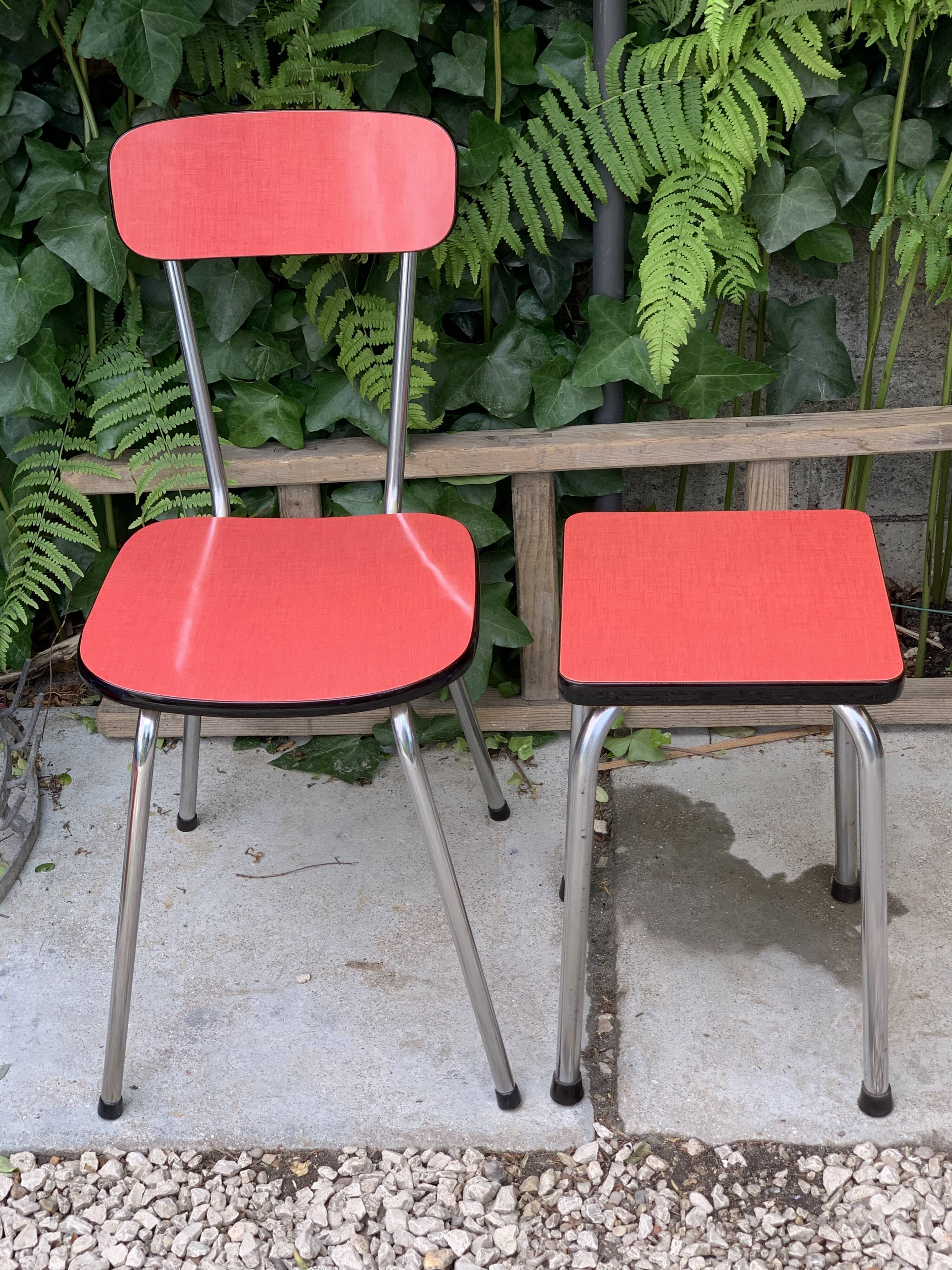 Red Formica chair and stool