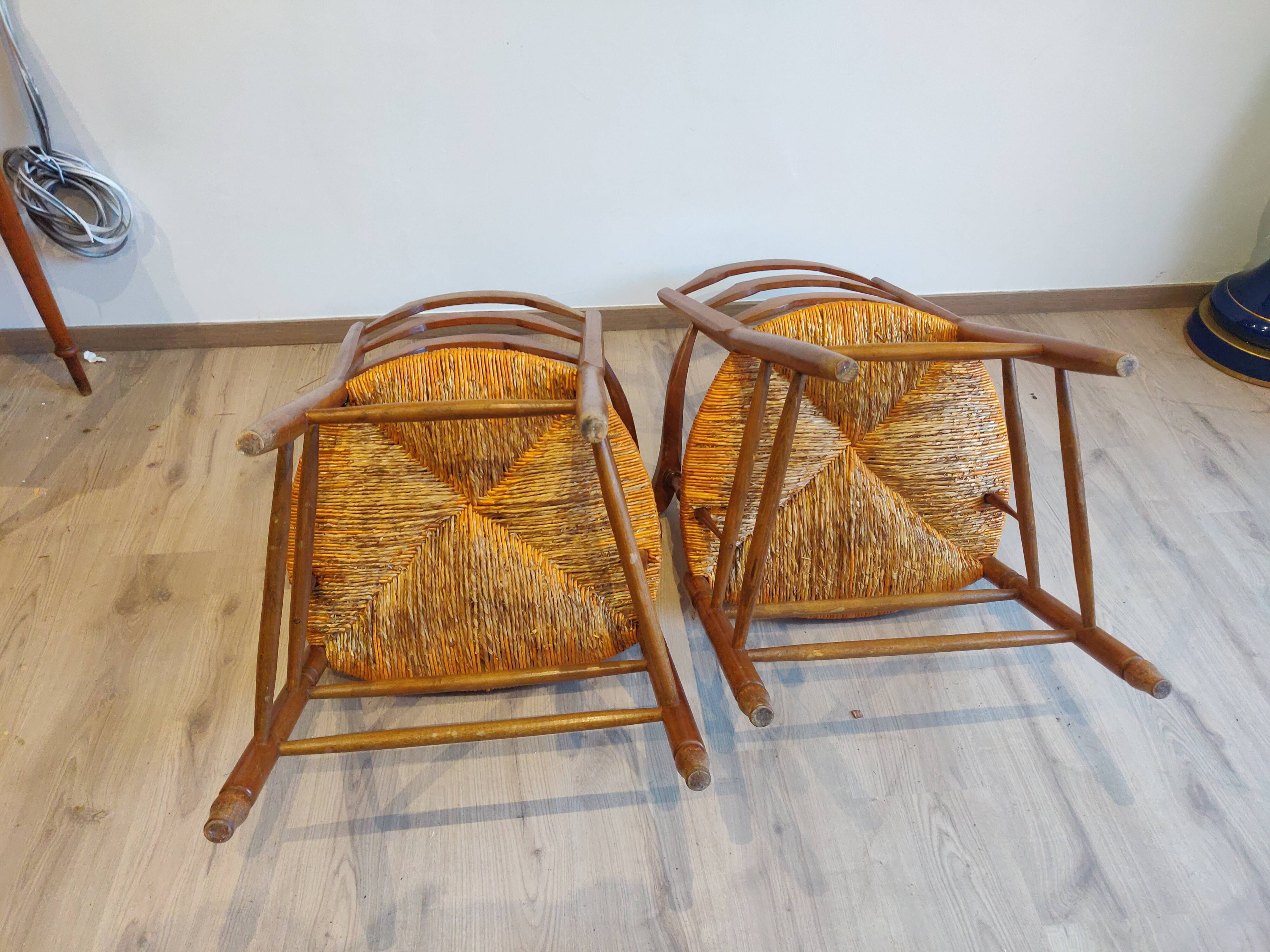 Paire de fauteuils bois paillé neo rustique circa 1950